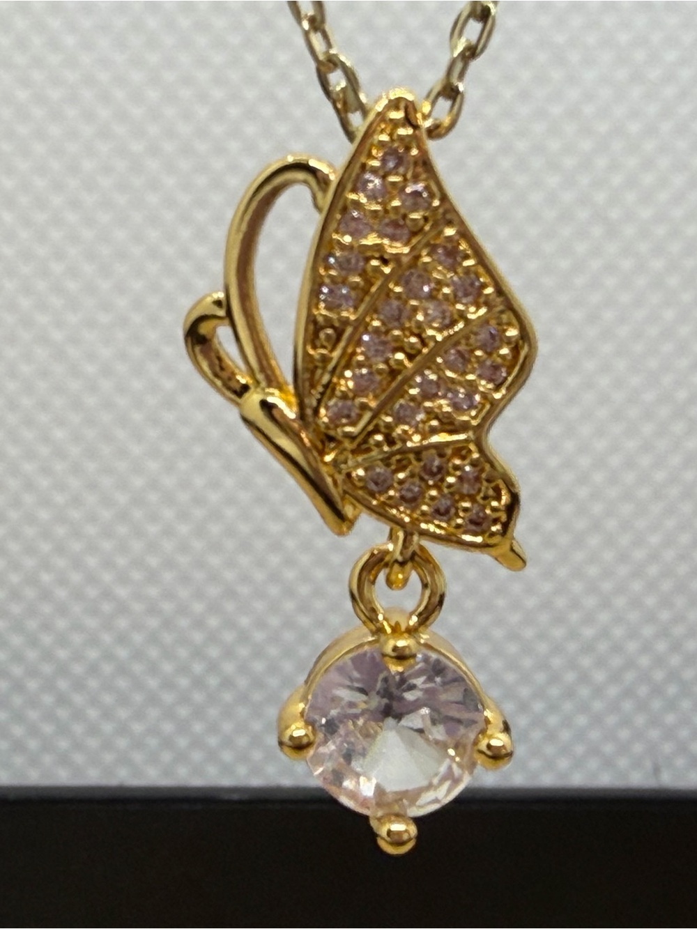 Gold Butterfly Pendant Necklace with Clear Crystal Accent